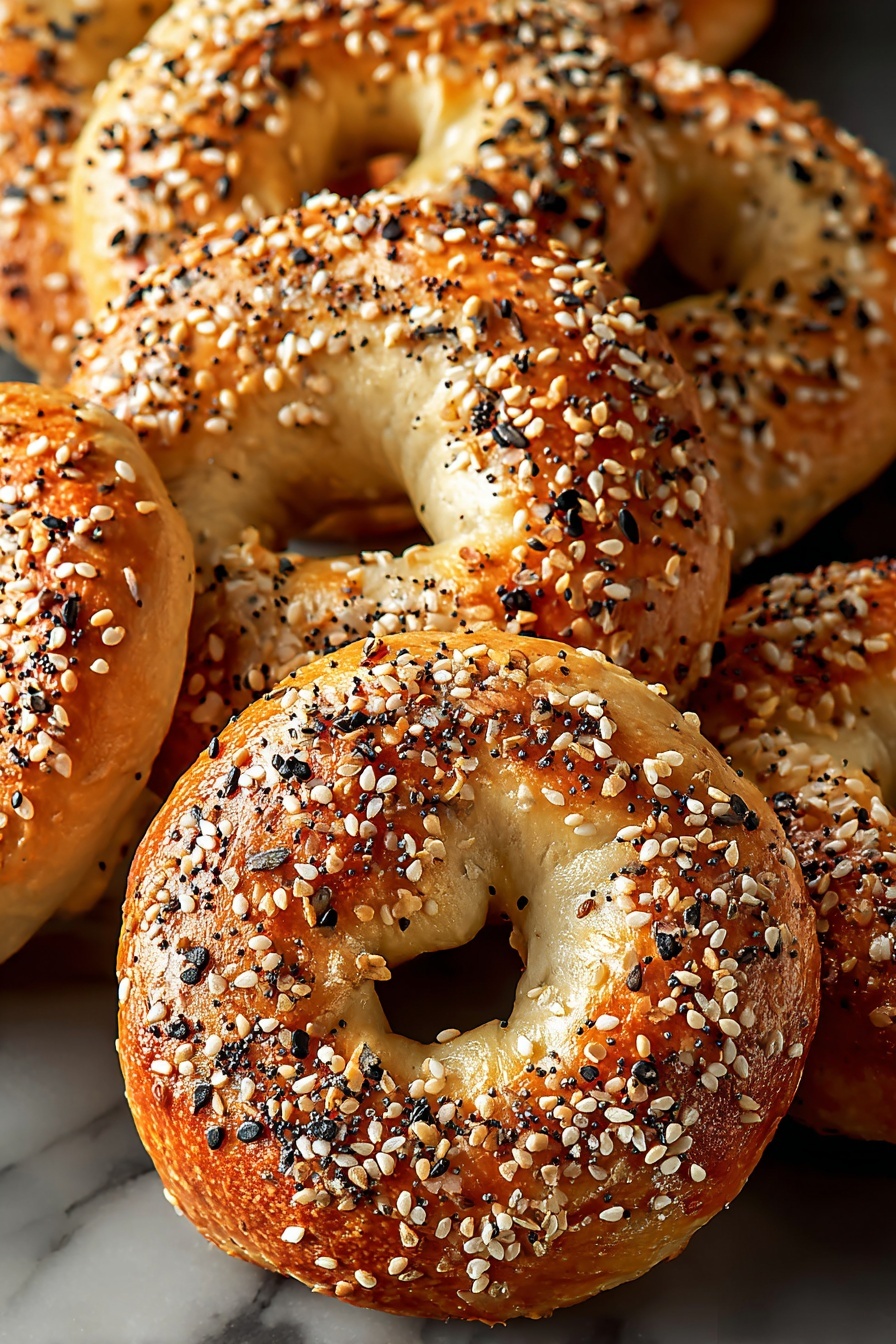 A pile of bagels with sesame seeds on top.