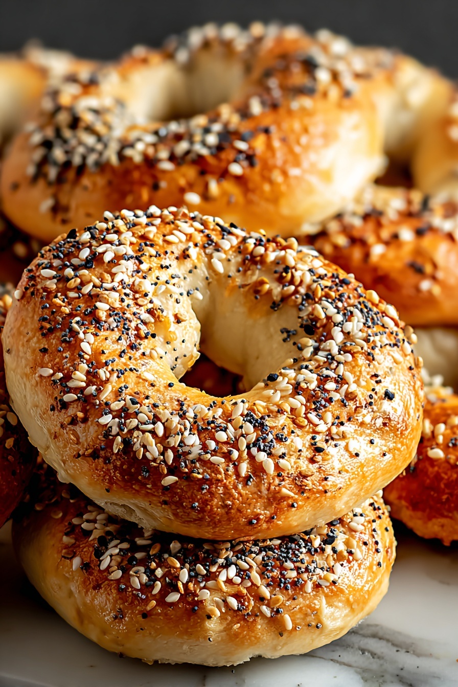 A pile of bagels with sesame seeds on top.
