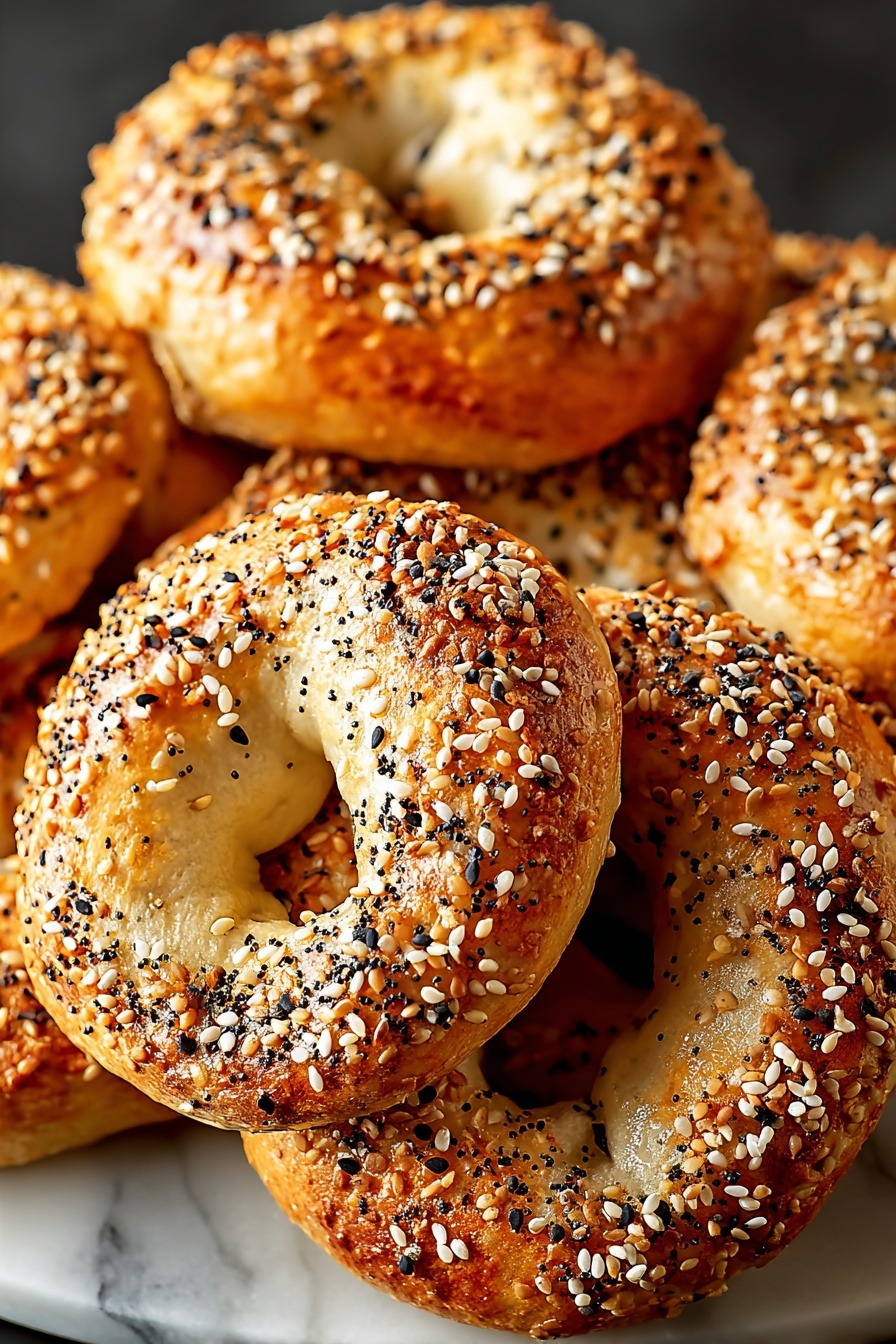 A pile of bagels with poppy seeds on top.