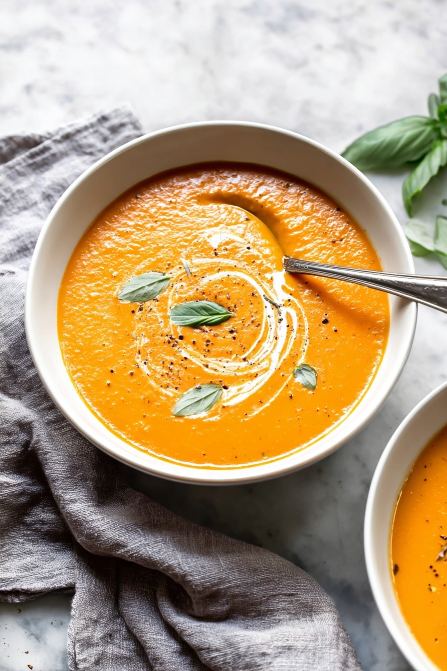 A bowl of roasted tomato soup with a spoon in it.