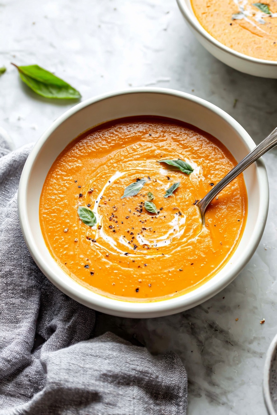 A bowl of soup with a spoon in it.