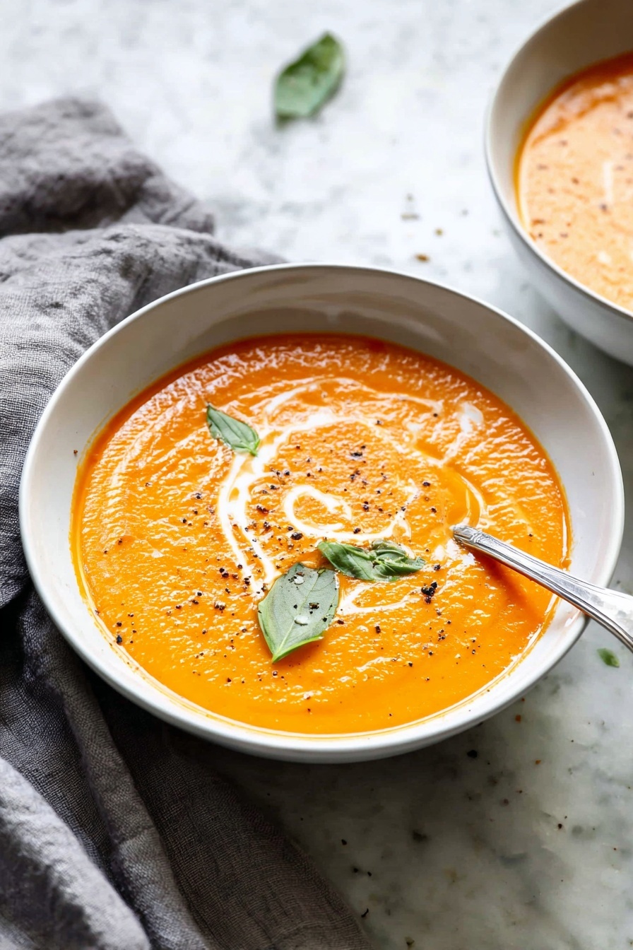 A bowl of soup with a spoon in it.