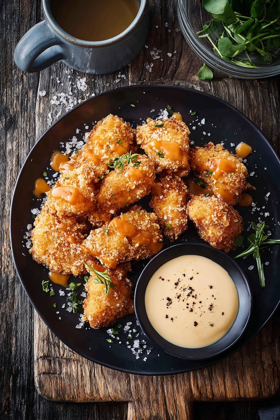 A plate of crispy oven baked chicken goujons with a side of dipping sauce.