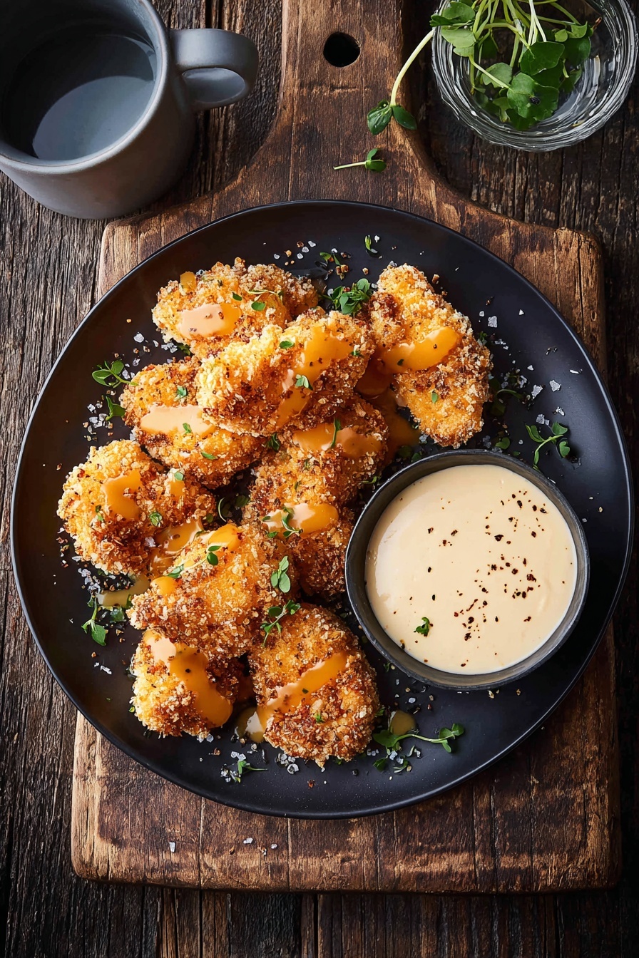A plate of crispy oven baked chicken goujons with a dipping sauce.