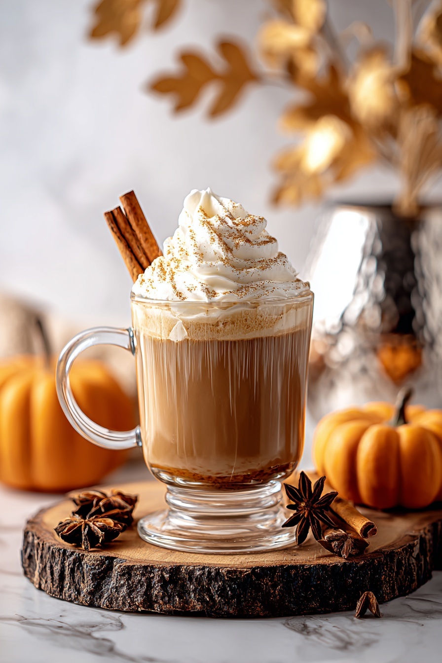 A glass of pumpkin chai iced latte with whipped cream.
