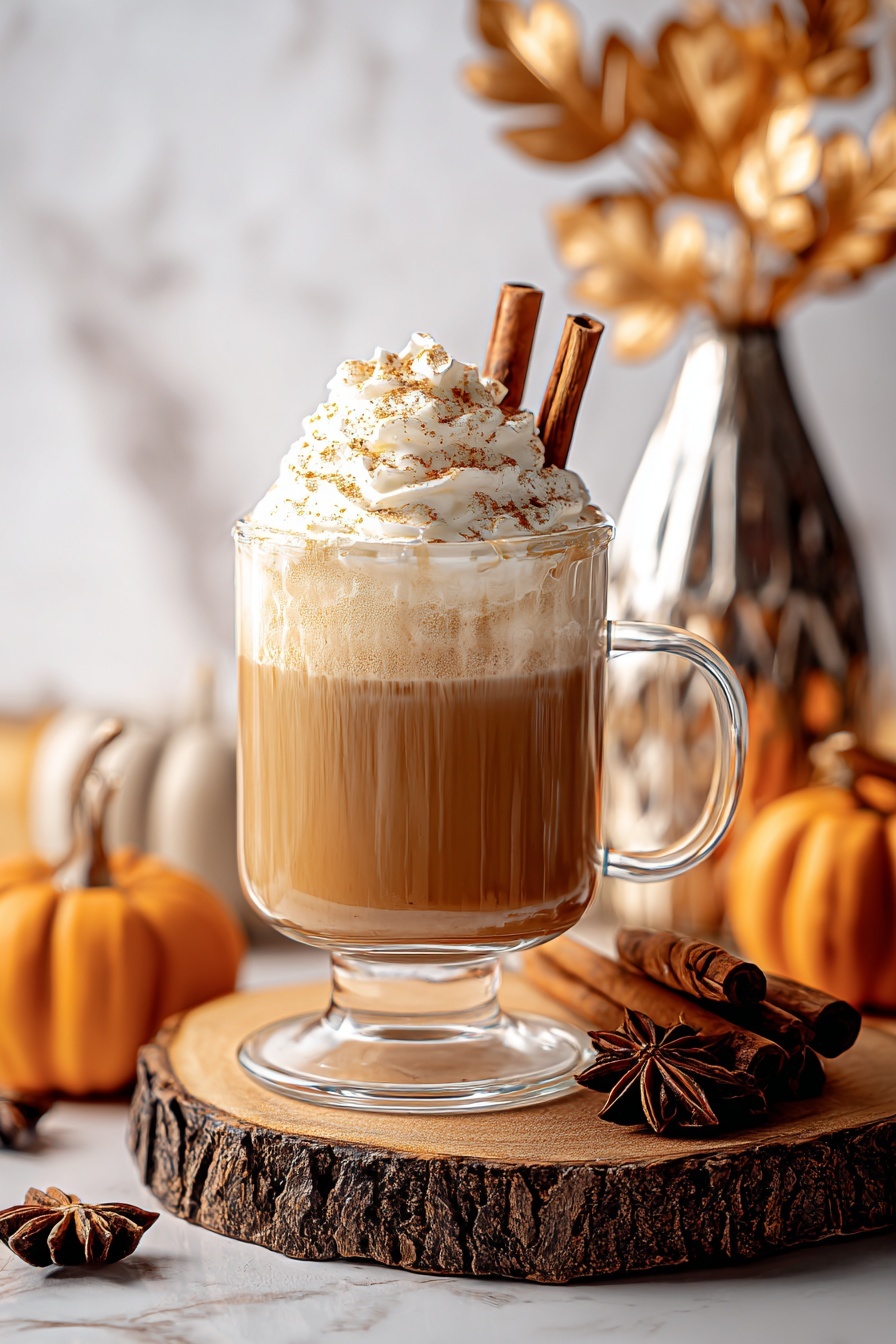 A glass of Pumpkin Chai Iced Latte with whipped cream on top.