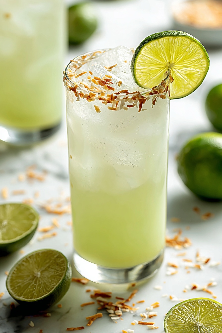 A glass of coconut lime refresher with a slice of lime on top.