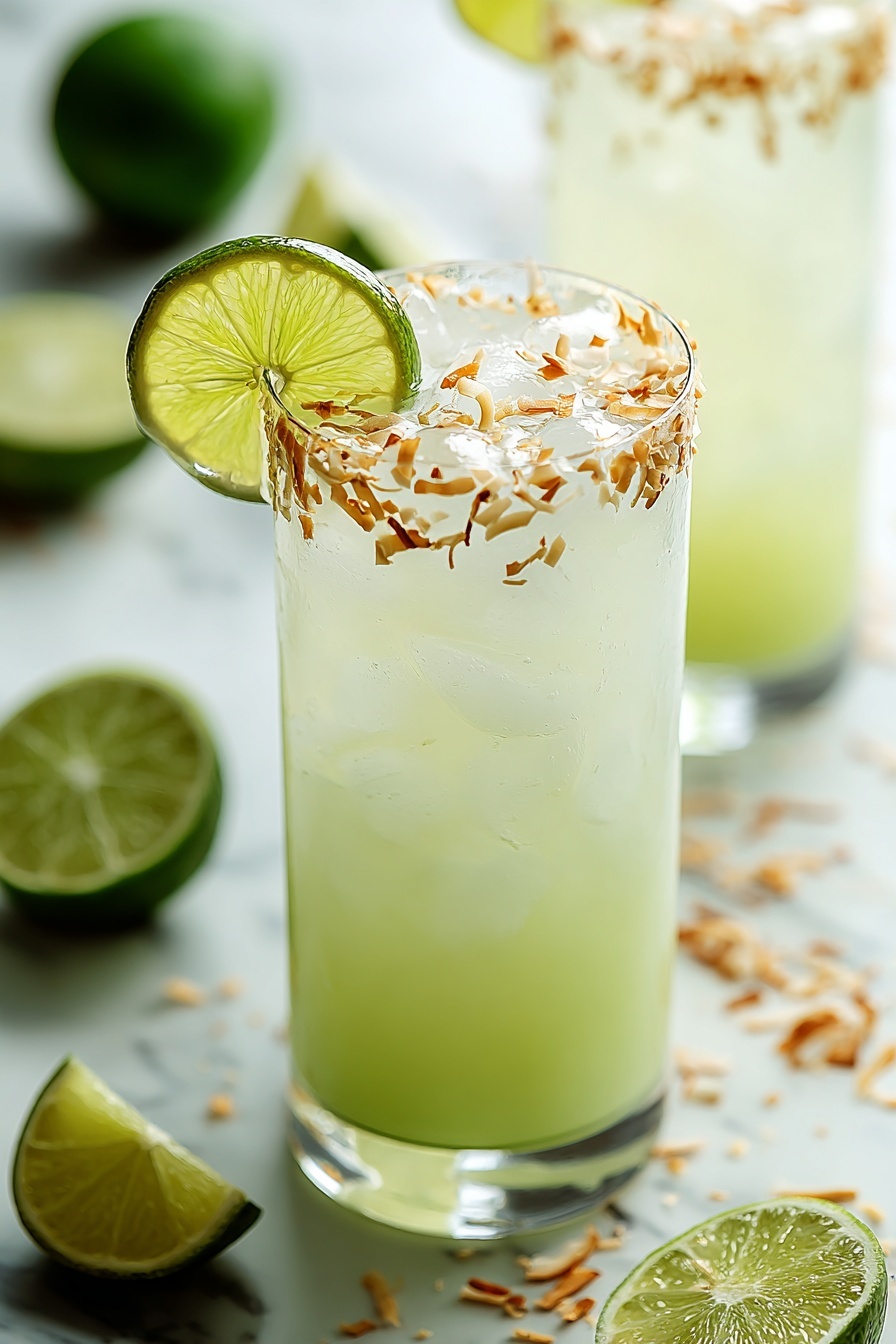 A glass of a green drink with a slice of lime on top.