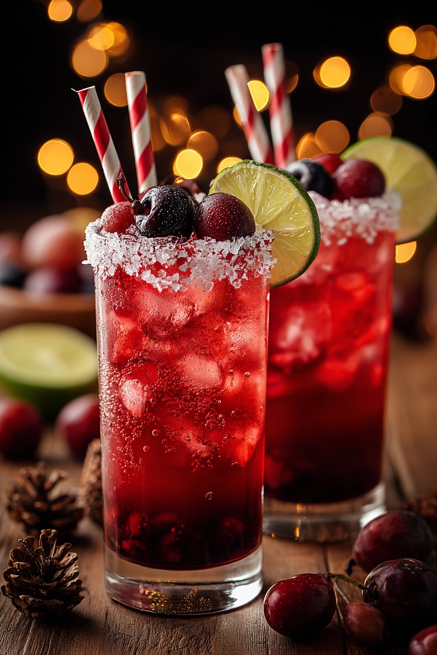 Two glasses of red drink with straws and fruit garnish.