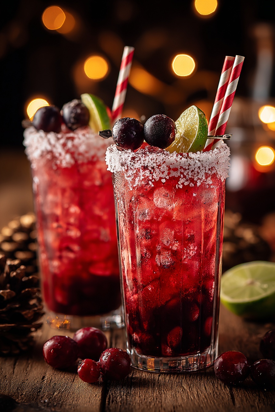 Two glasses of red drink with fruit.