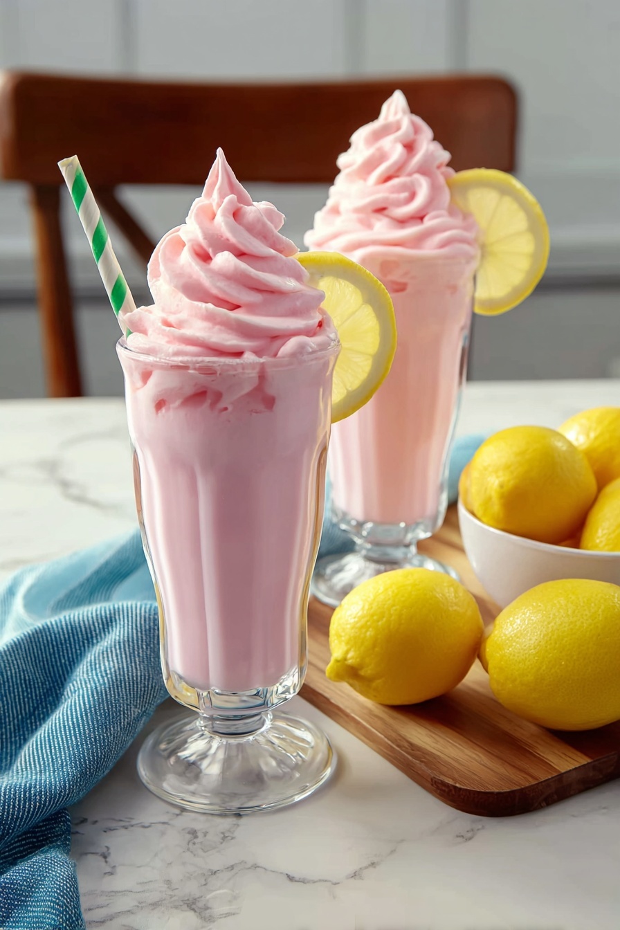 Two glasses of pink whipped lemonade.