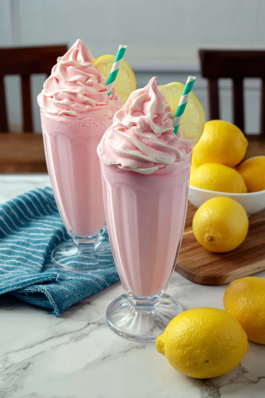 Two glasses of pink whipped lemonade.