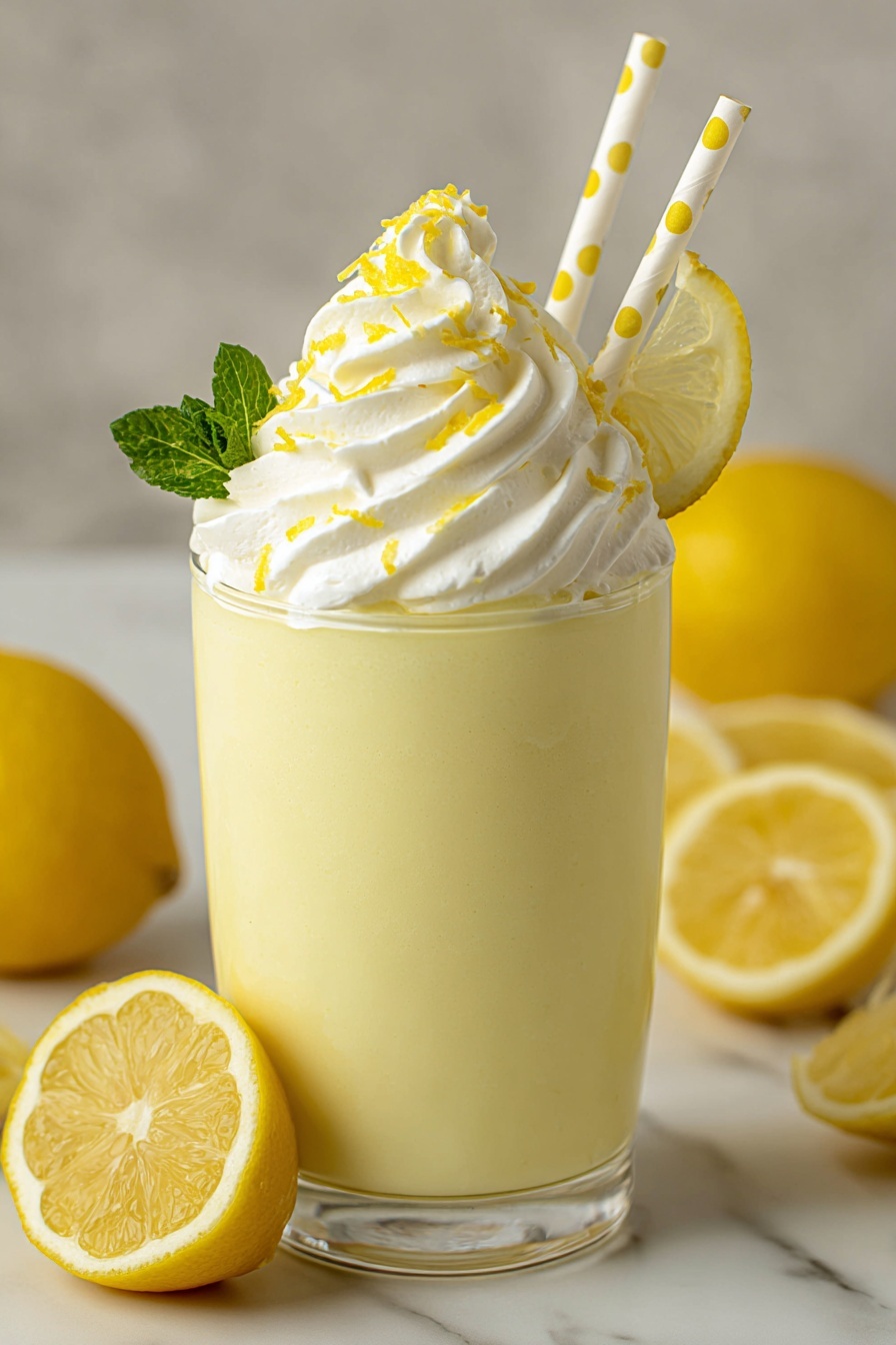 A glass of whipped lemonade with lemon slices on the side.