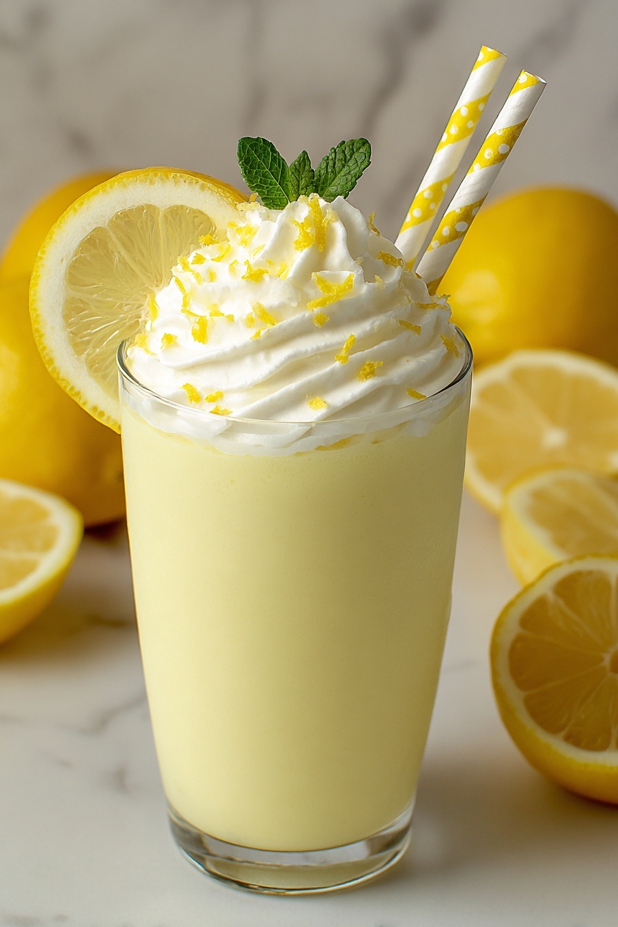 A glass of whipped lemonade with lemon slices.