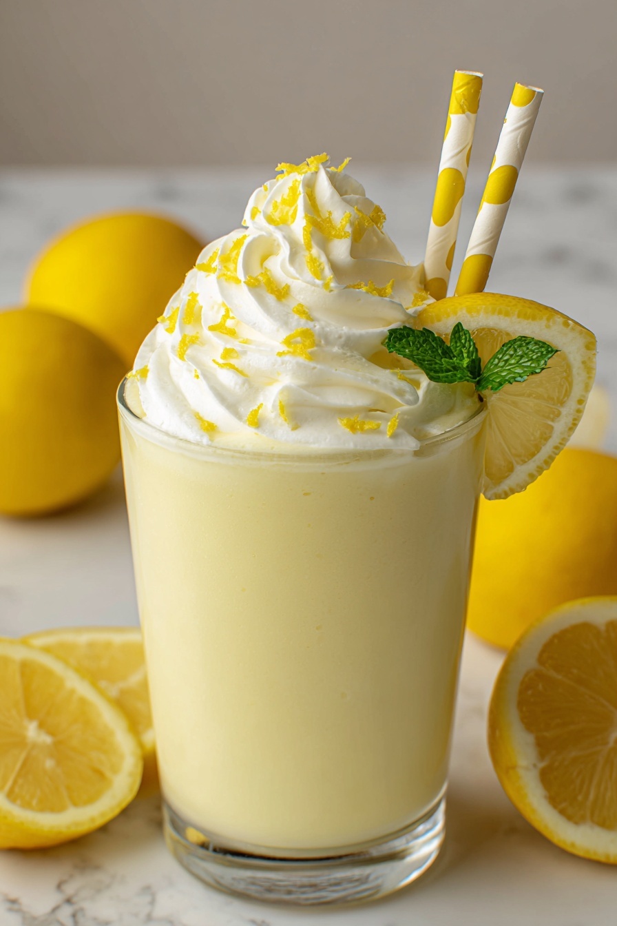A glass of whipped lemonade with a lemon wedge.