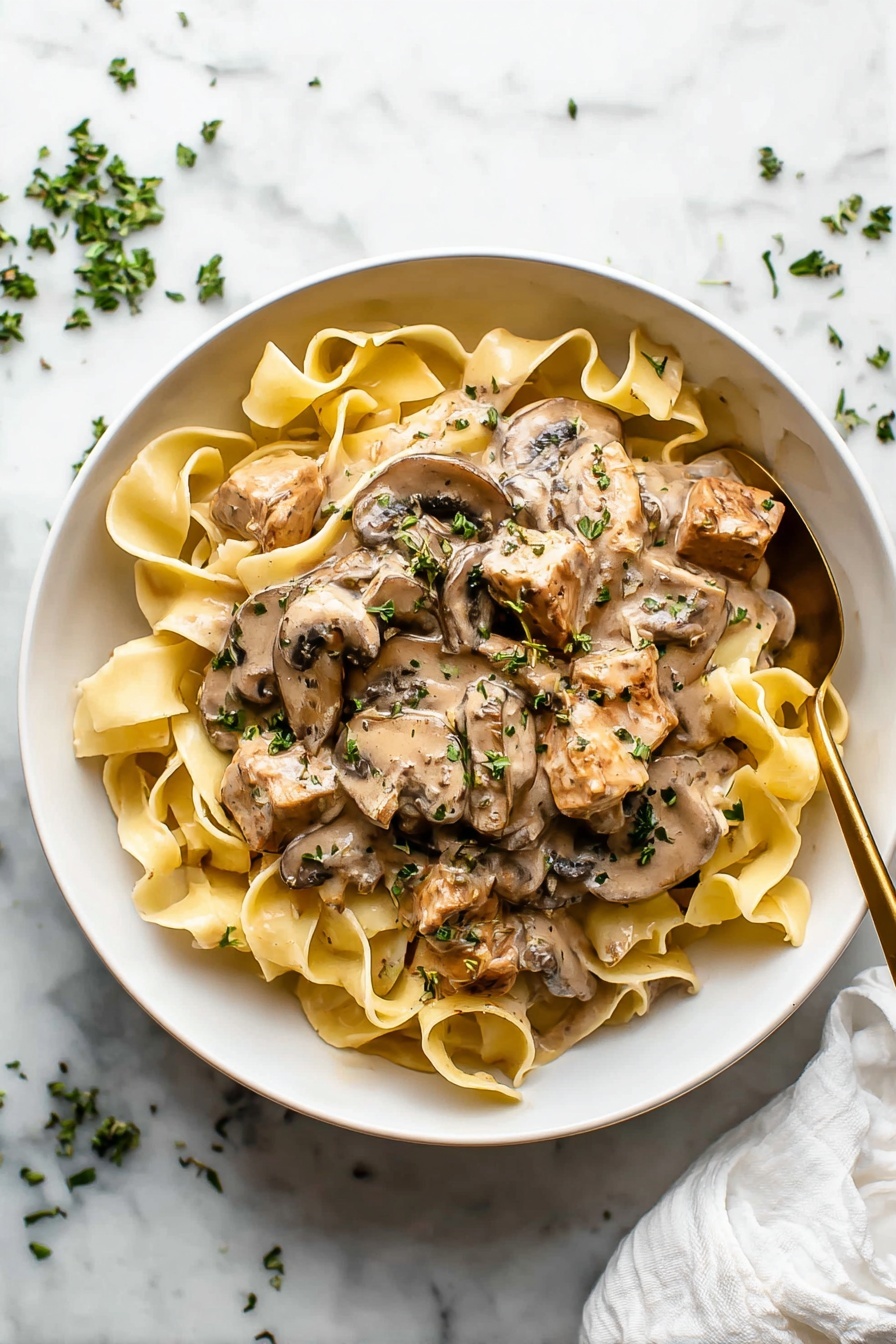 A bowl of chicken stroganoff with noodles and mushrooms.