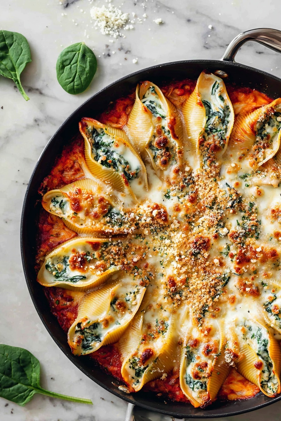 A plate of stuffed pasta shells with cheese and spinach.