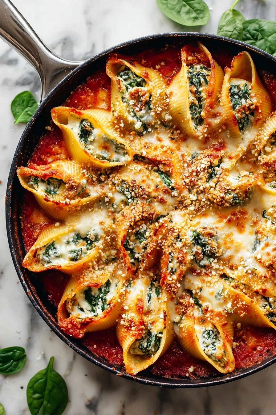 A pan of stuffed pasta shells with cheese and spinach.