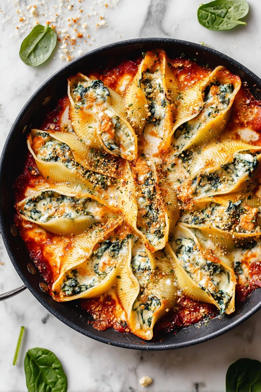 A pan of stuffed pasta shells with cheese and spinach.