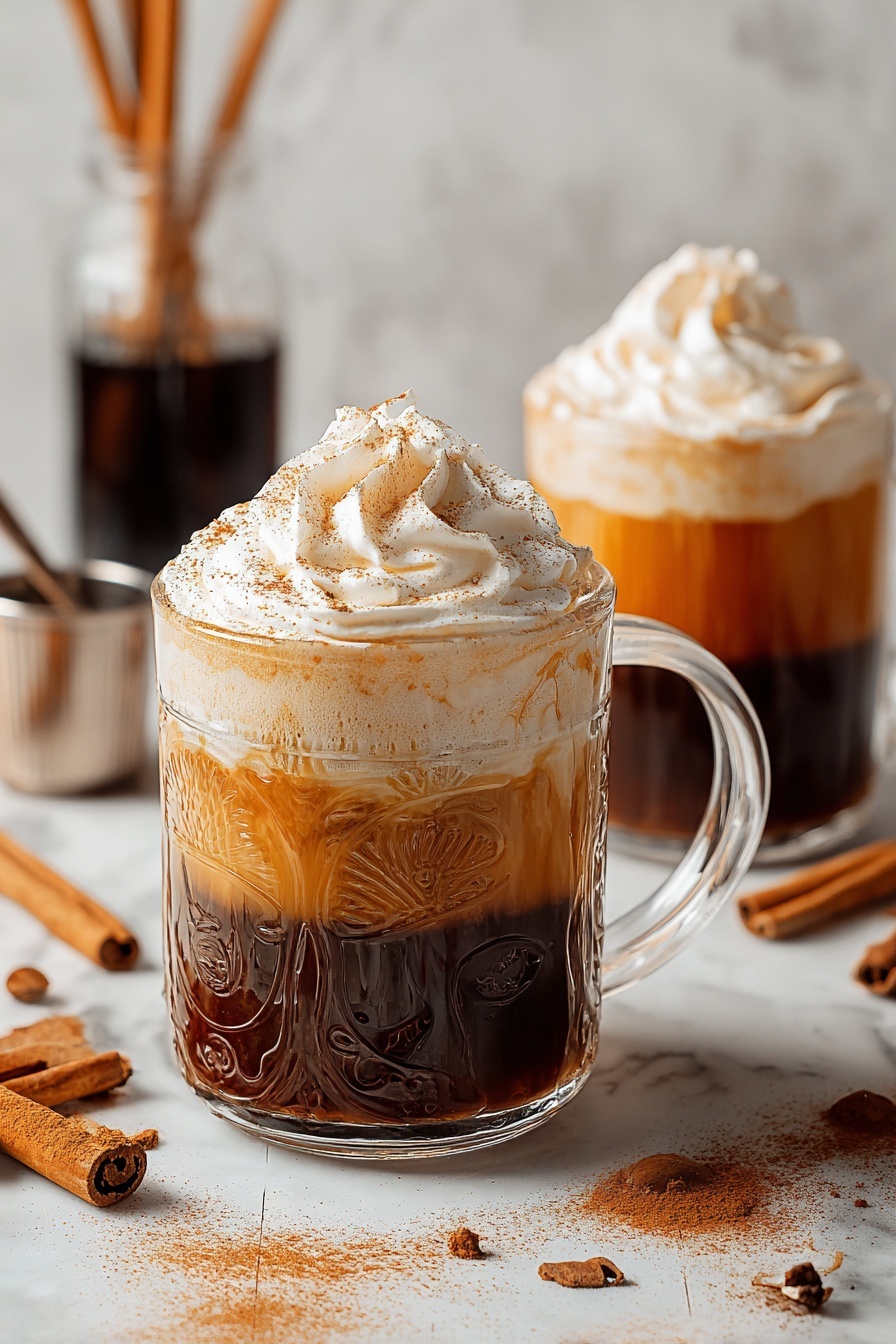 A glass of pumpkin cream cold foam cold brew coffee.