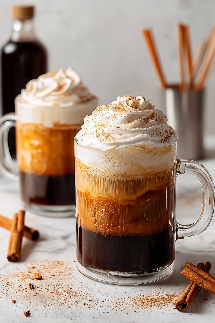 Two glasses of pumpkin cream cold foam cold brew coffee.
