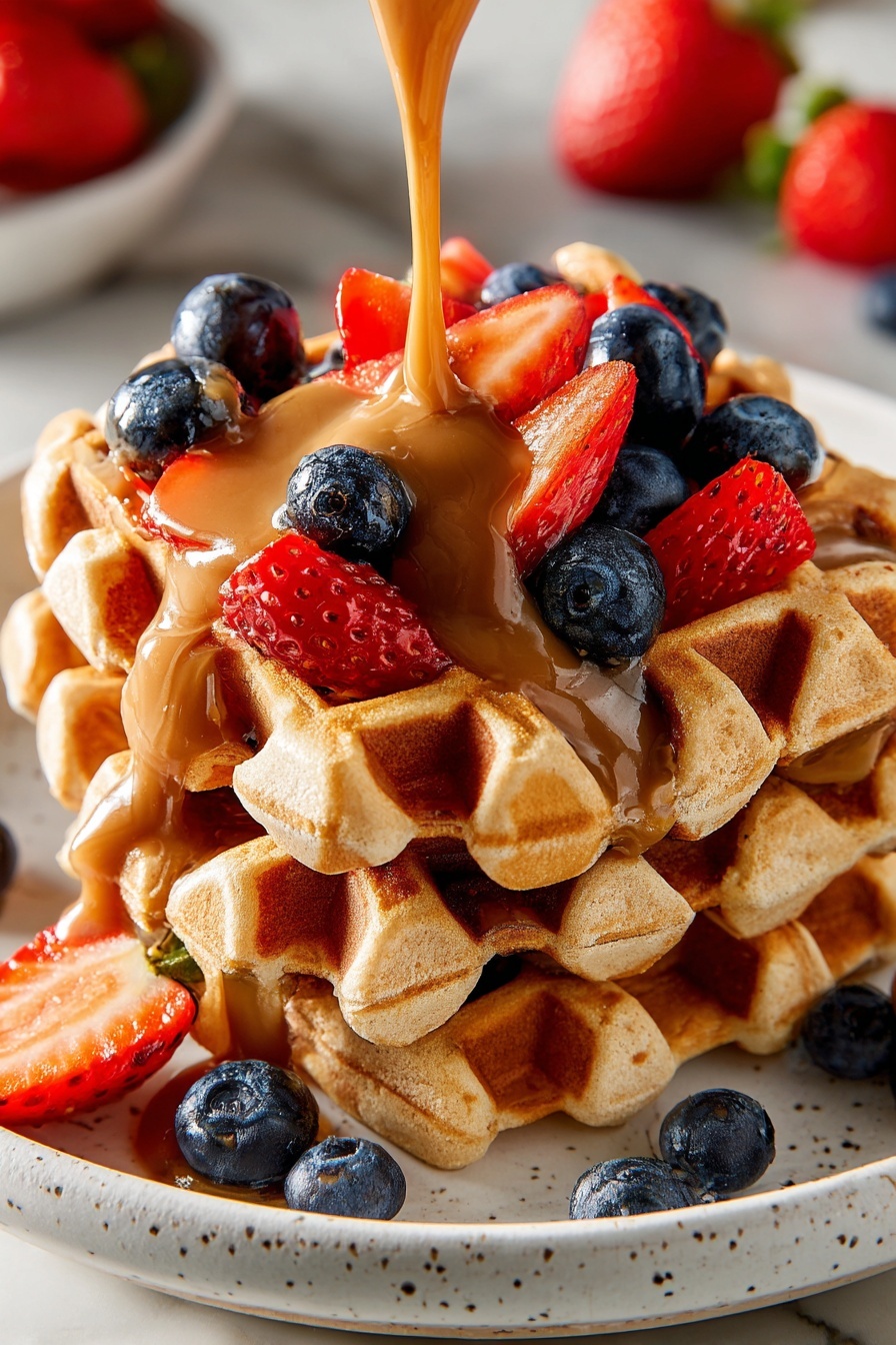 A stack of waffles with strawberries and blueberries on top.