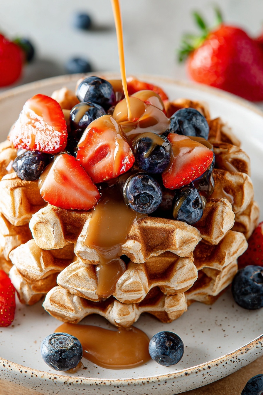 A waffle with strawberries and blueberries on top.