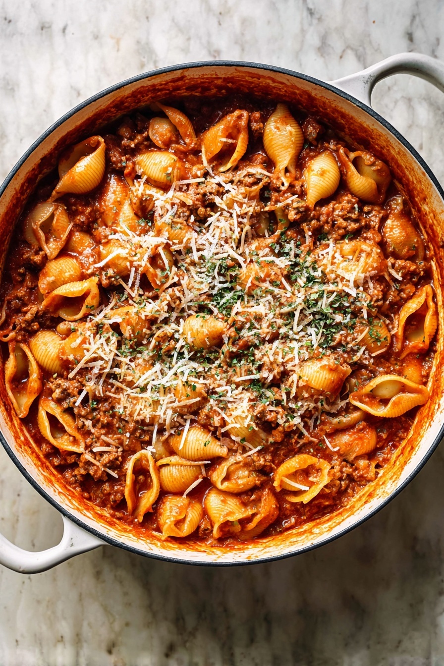 A bowl of homemade meat sauce with pasta.