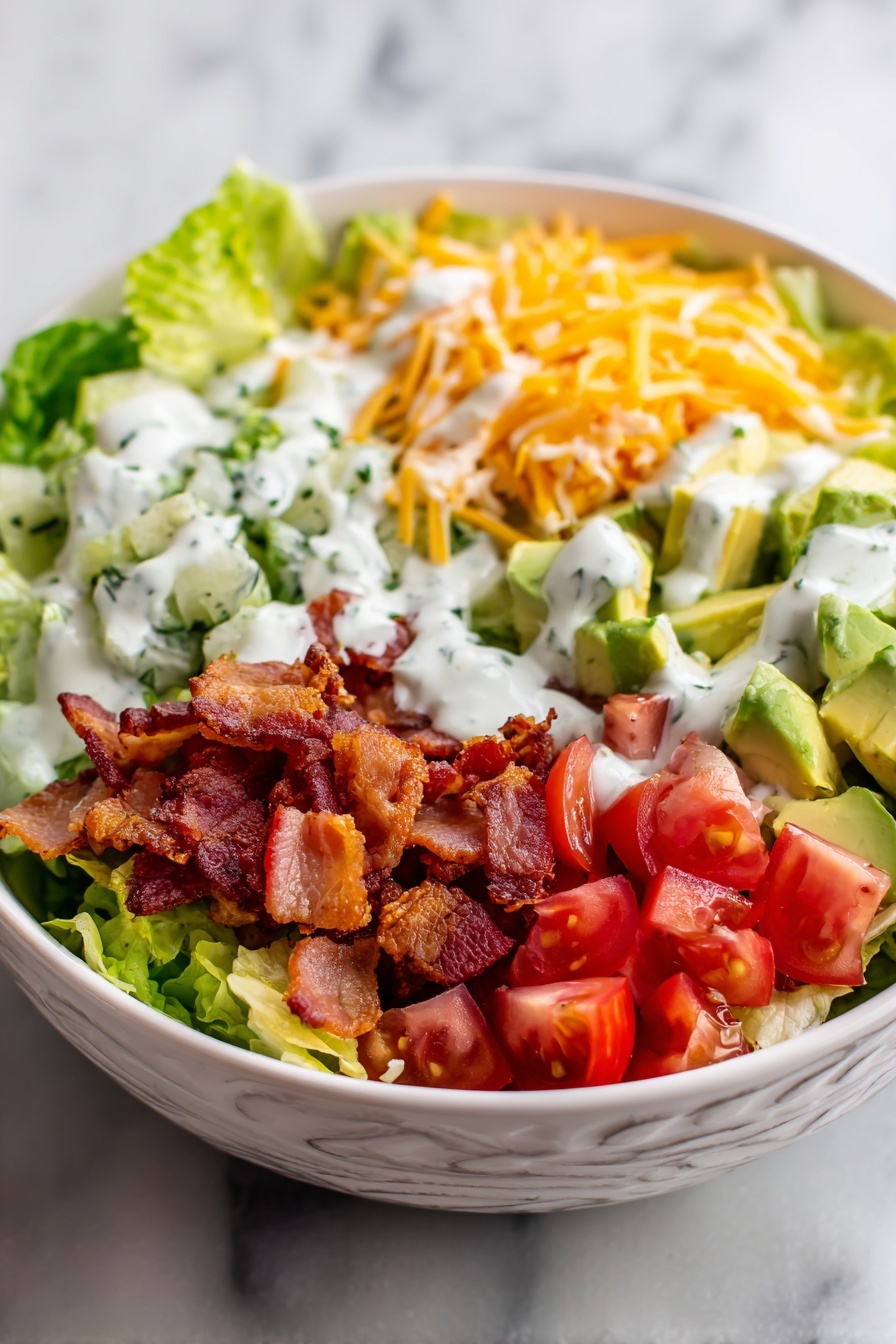 A bowl of salad with bacon, lettuce, tomato, and cheese.