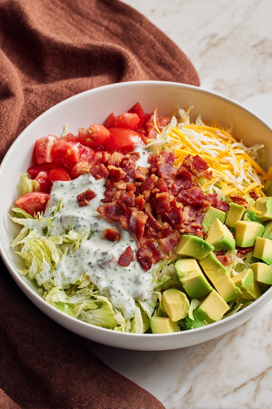A bowl of salad with bacon, lettuce, tomato, and cheese.