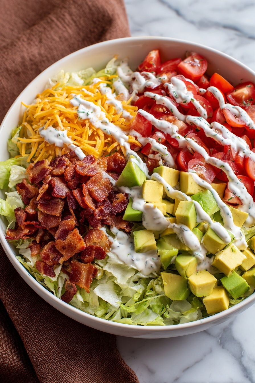 A bowl of salad with bacon, lettuce, tomatoes, and avocado.