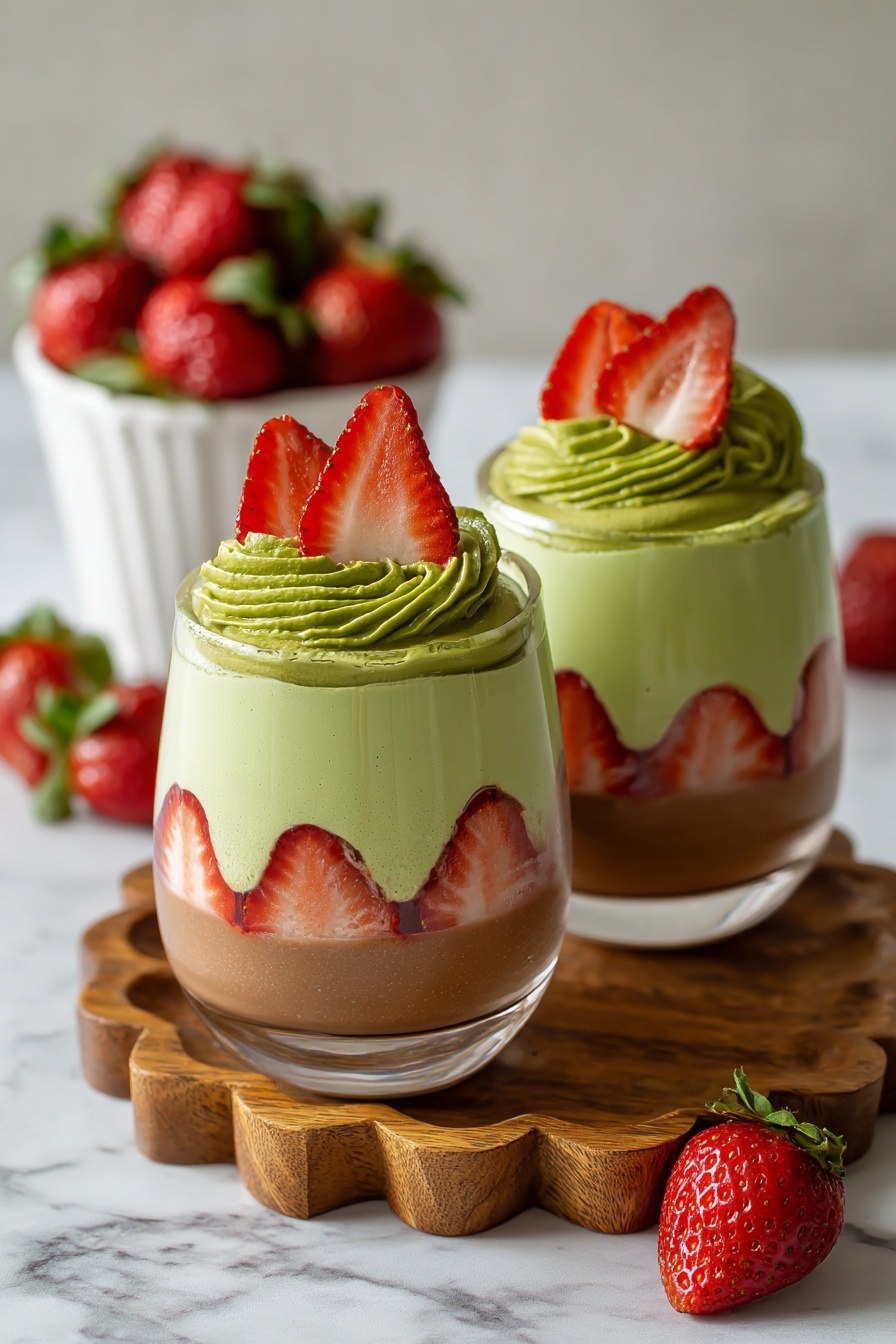 Two desserts with strawberries and green toppings.