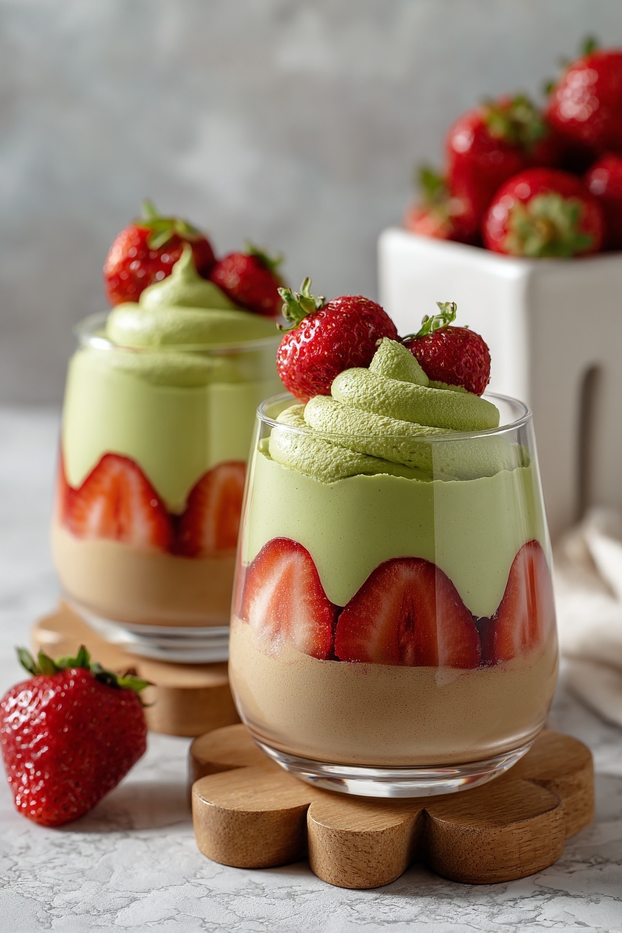A dessert with strawberries and cream in a glass.