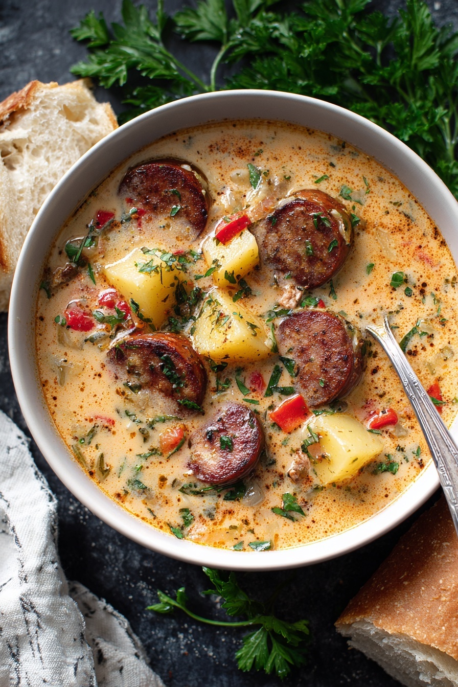 A bowl of Cajun Potato Soup with sausage and vegetables.