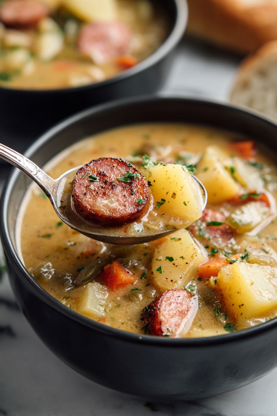 A spoon is in a bowl of soup.