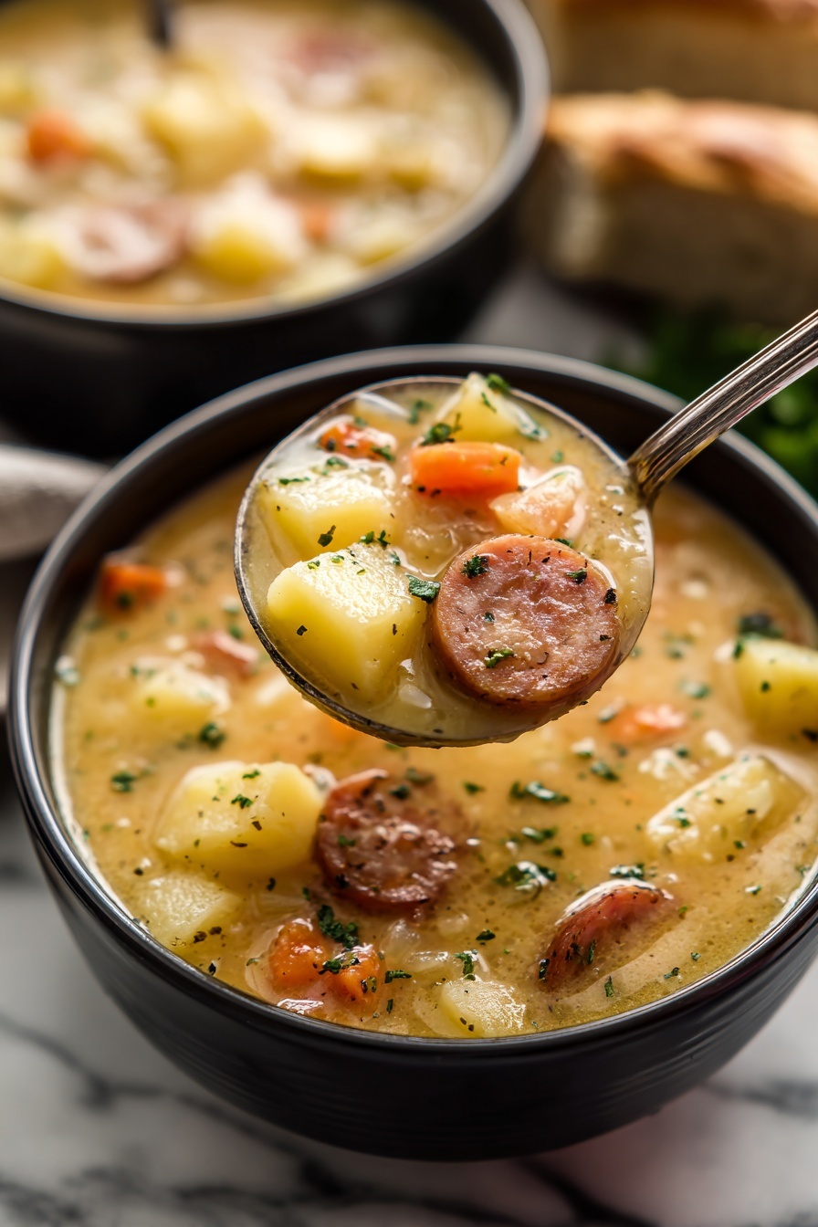 A spoon is being used to scoop up some soup.
