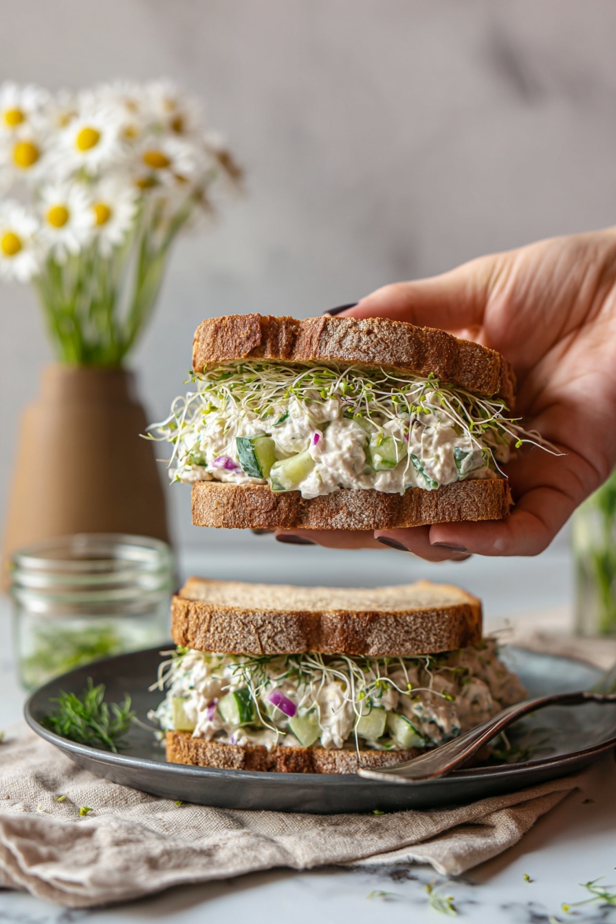 A person is holding a sandwich with cucumber salad.