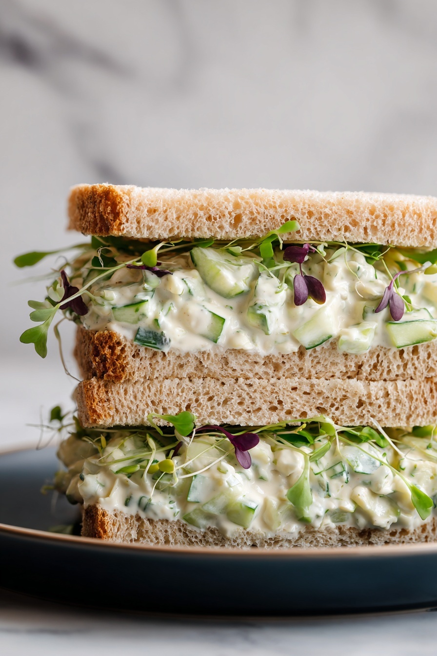 A sandwich with lettuce and cucumber on top.
