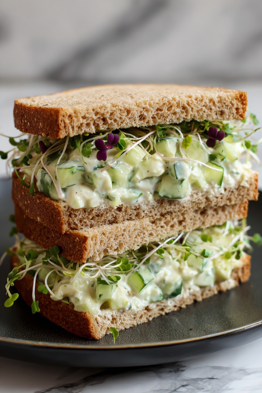 A stack of sandwiches with cucumber and sprouts.