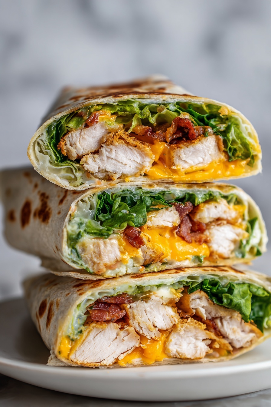 A crispy chicken bacon wrap is displayed on a table.