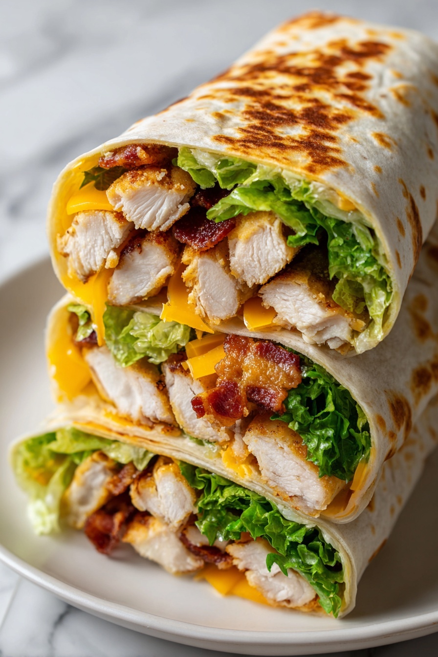 A crispy chicken bacon wrap is ready to be eaten.