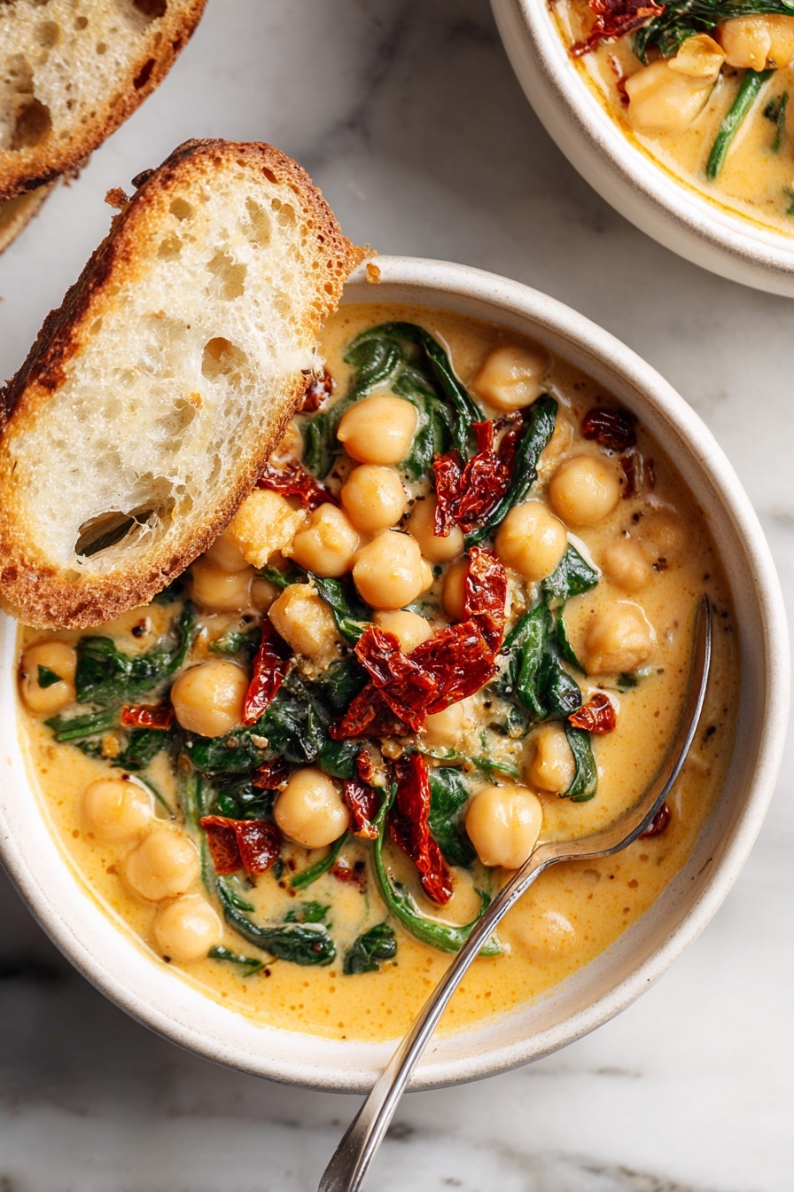 A bowl of soup with chickpeas and red peppers.