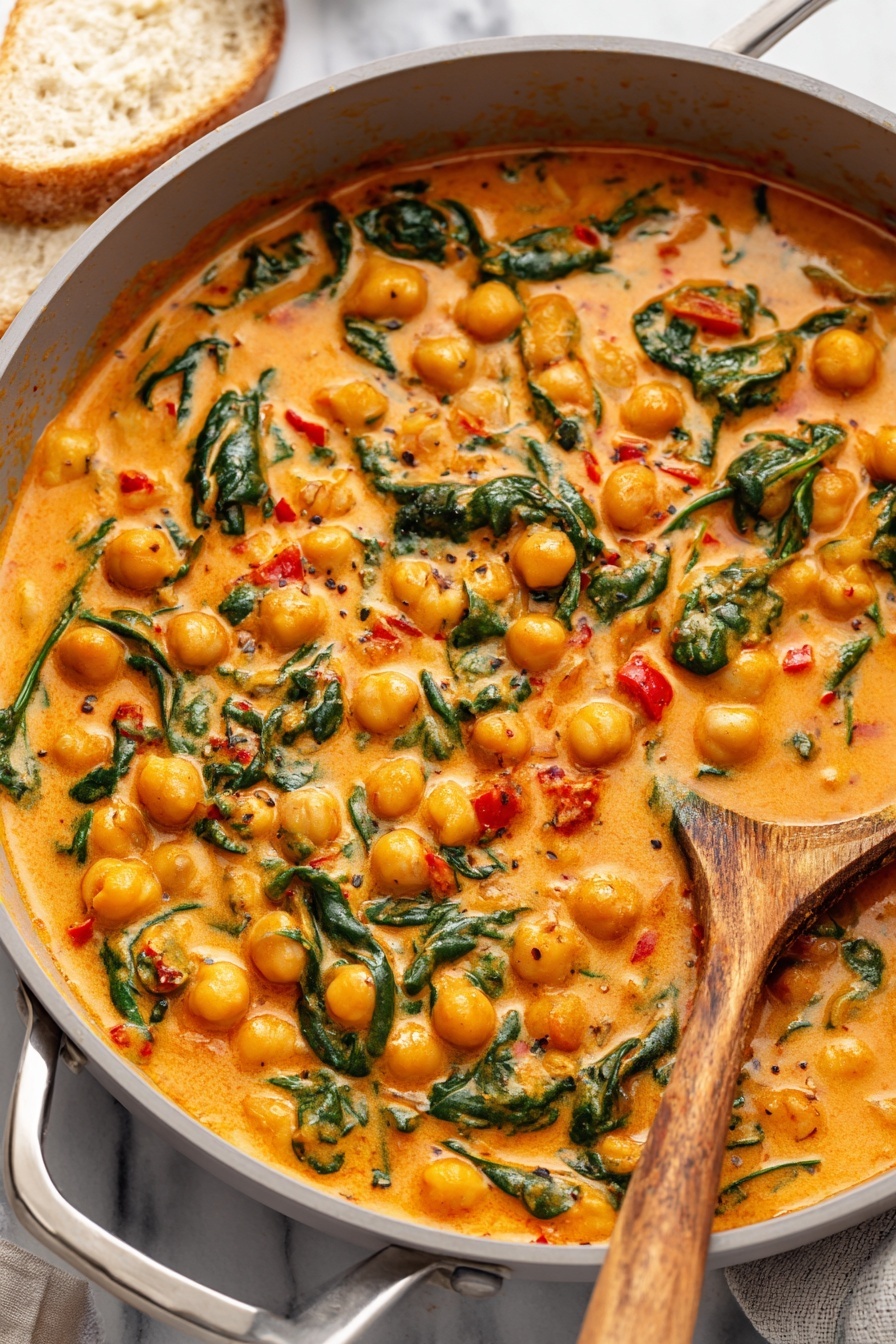 A bowl of soup with chickpeas and greens.