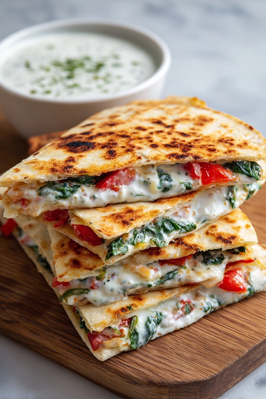 A stack of cheesy Mediterranean quesadillas.