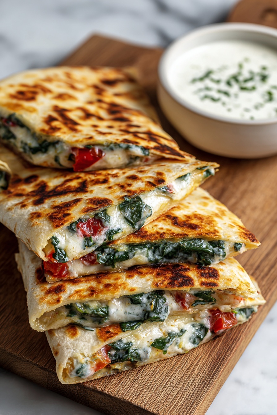 A cheesy Mediterranean quesadilla on a wooden table.