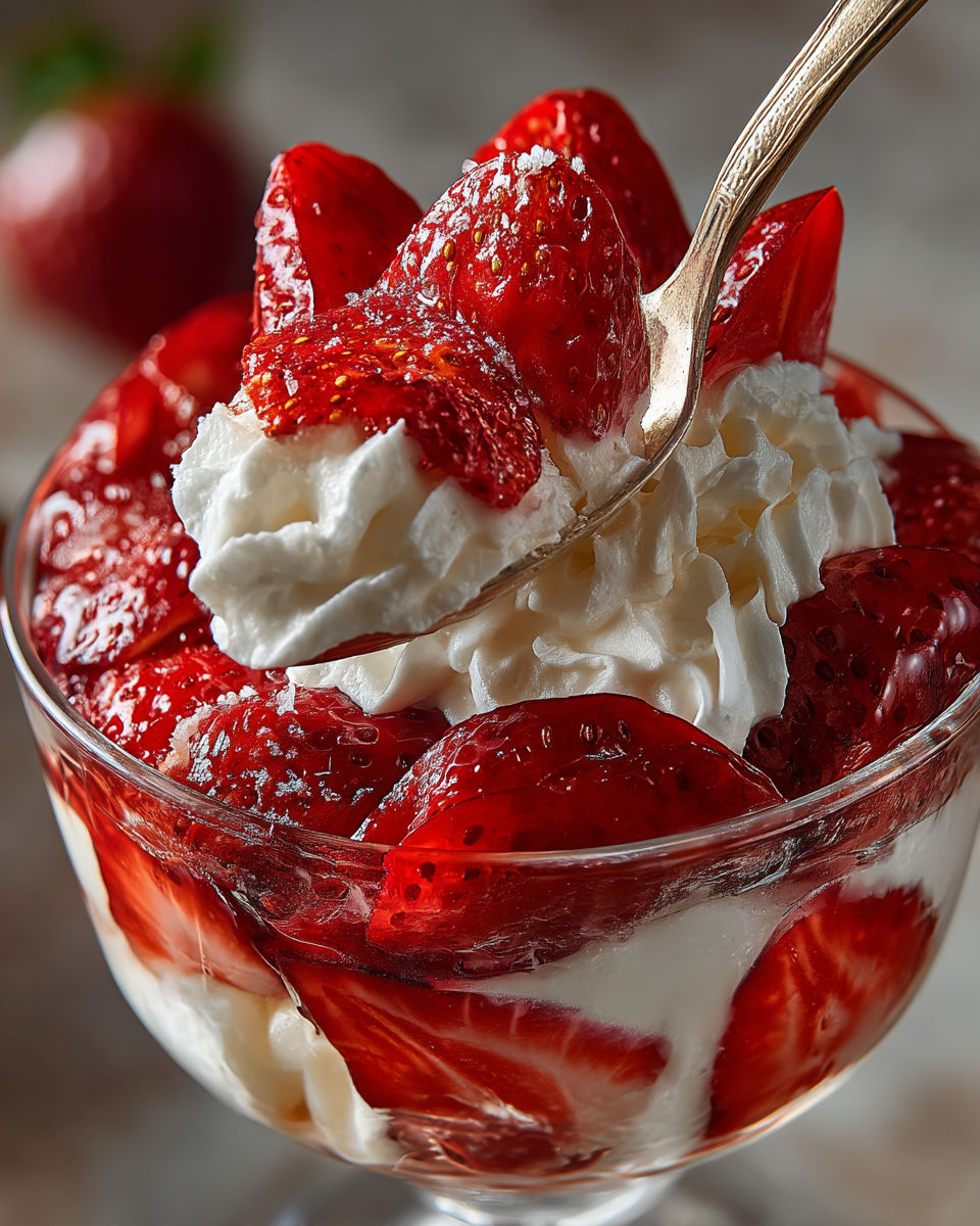 A bowl of strawberry trifle with a spoon in it.
