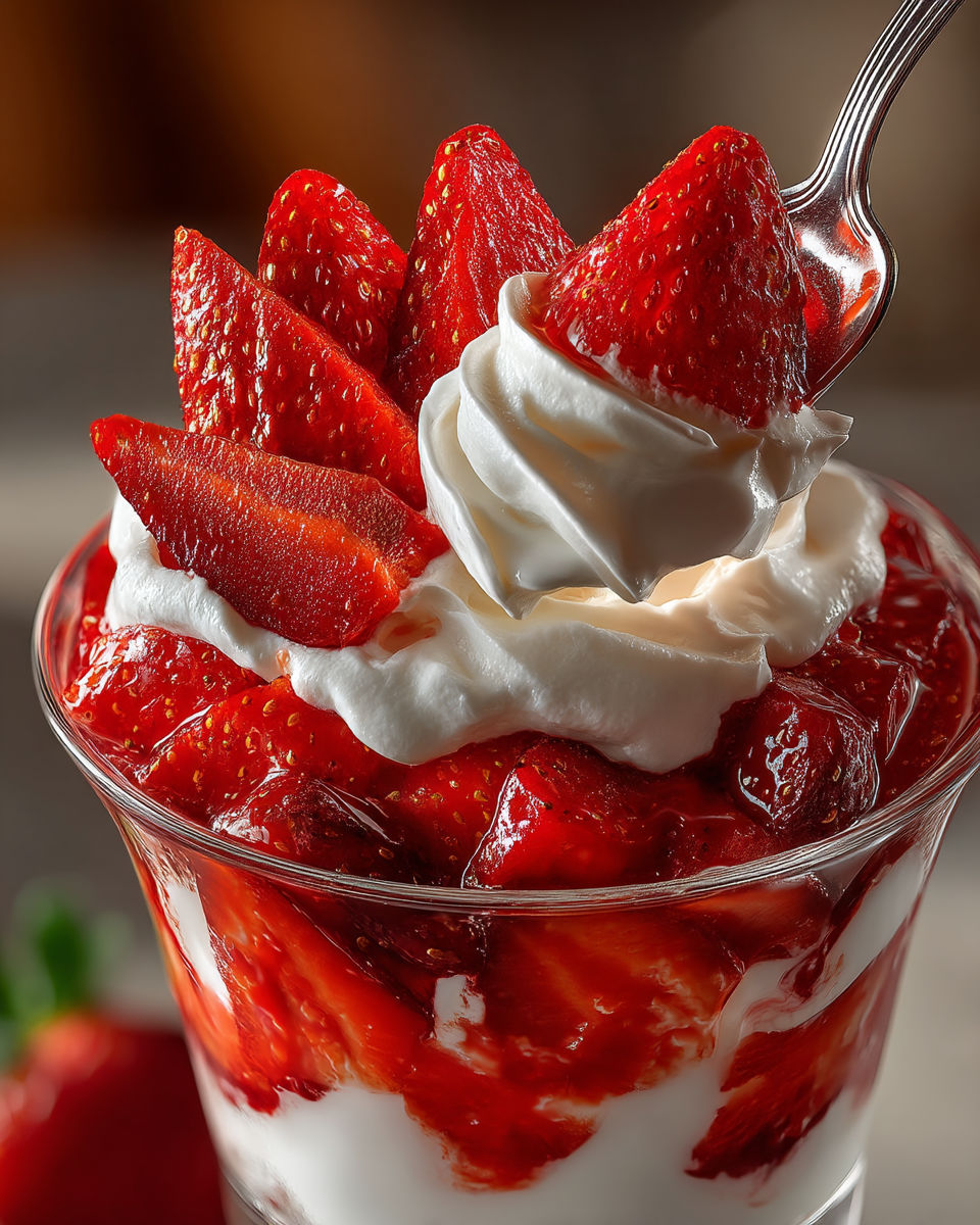 A bowl of strawberry trifle with whipped cream.