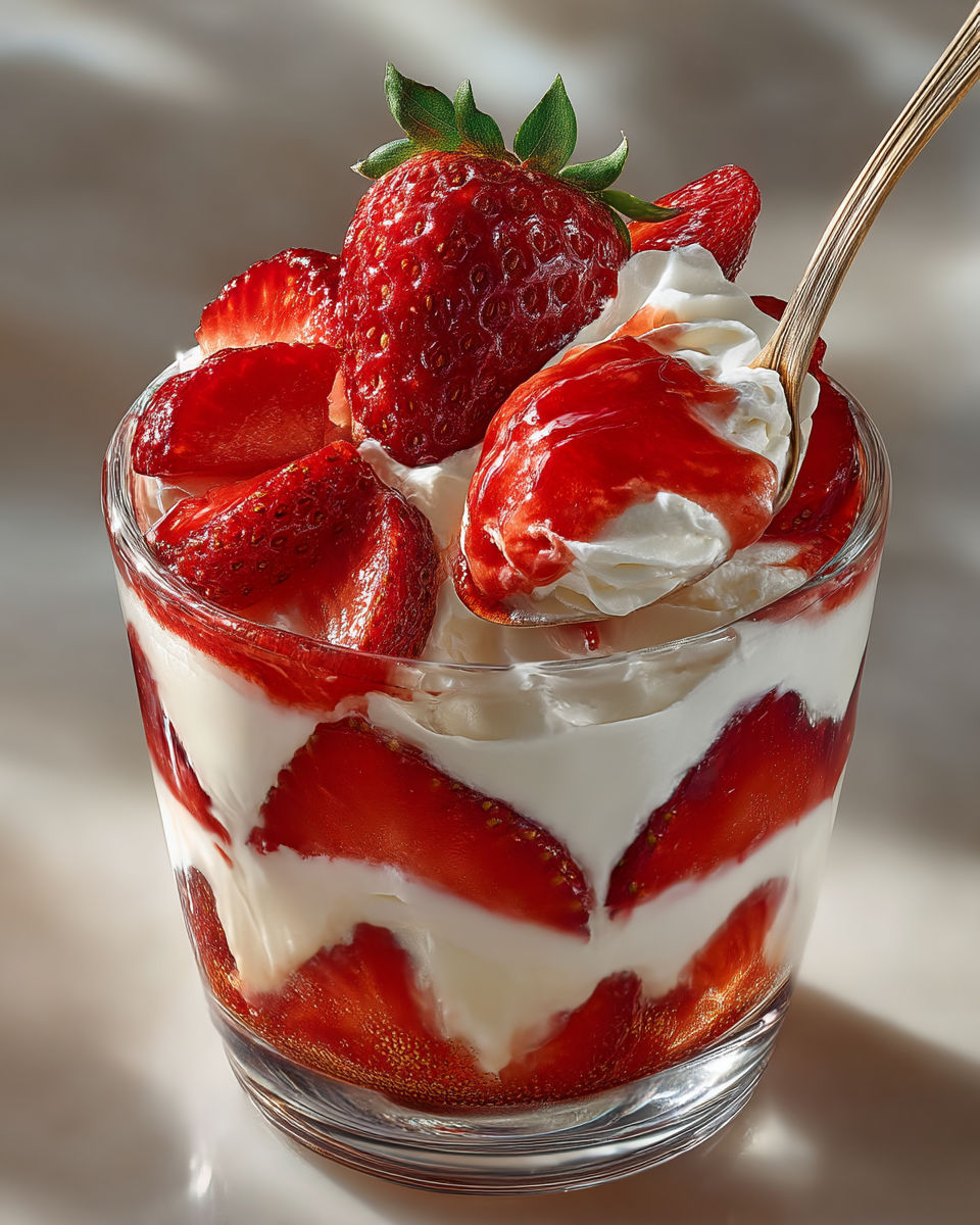 A glass of strawberry trifle.