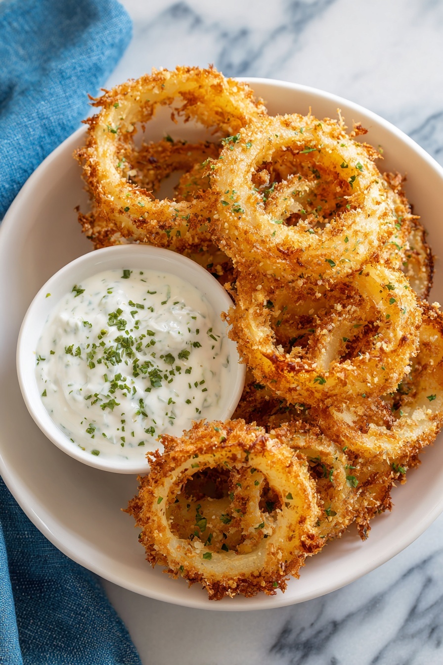 A bowl of onion ring chips with a dipping sauce.