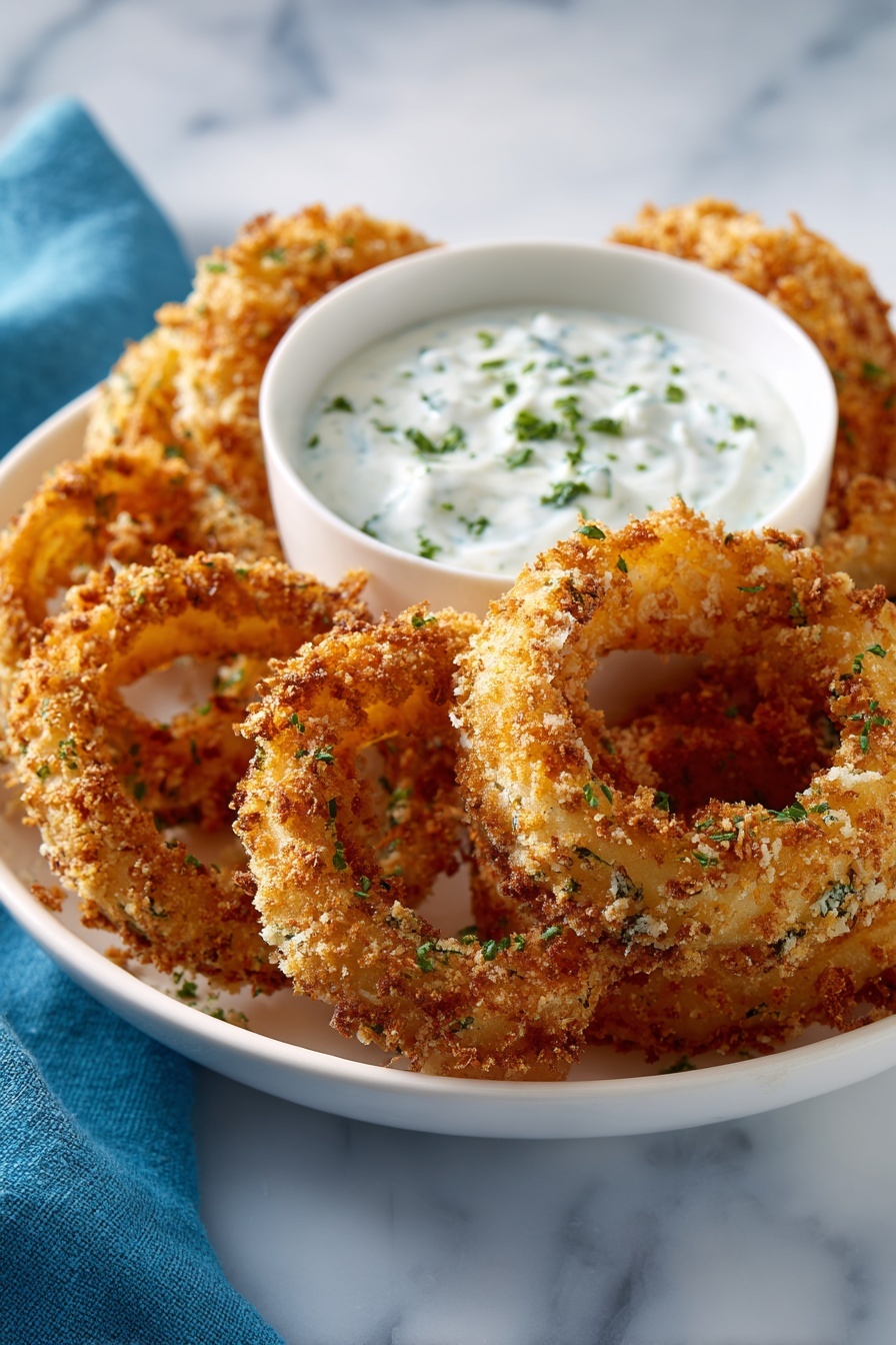 A plate of onion ring chips with a bowl of dipping sauce.